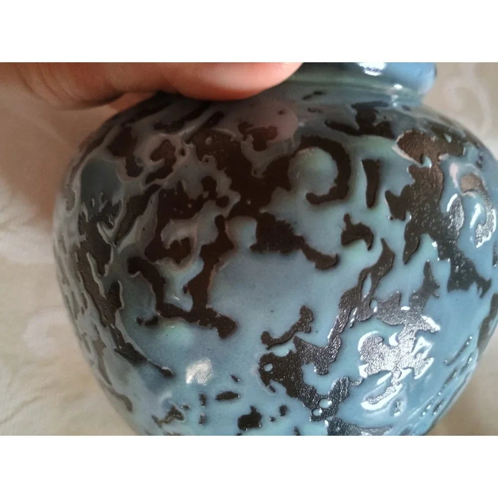 Vintage McCoy‎ Blue & Black Brocade Splatter Vase Planter 4.5